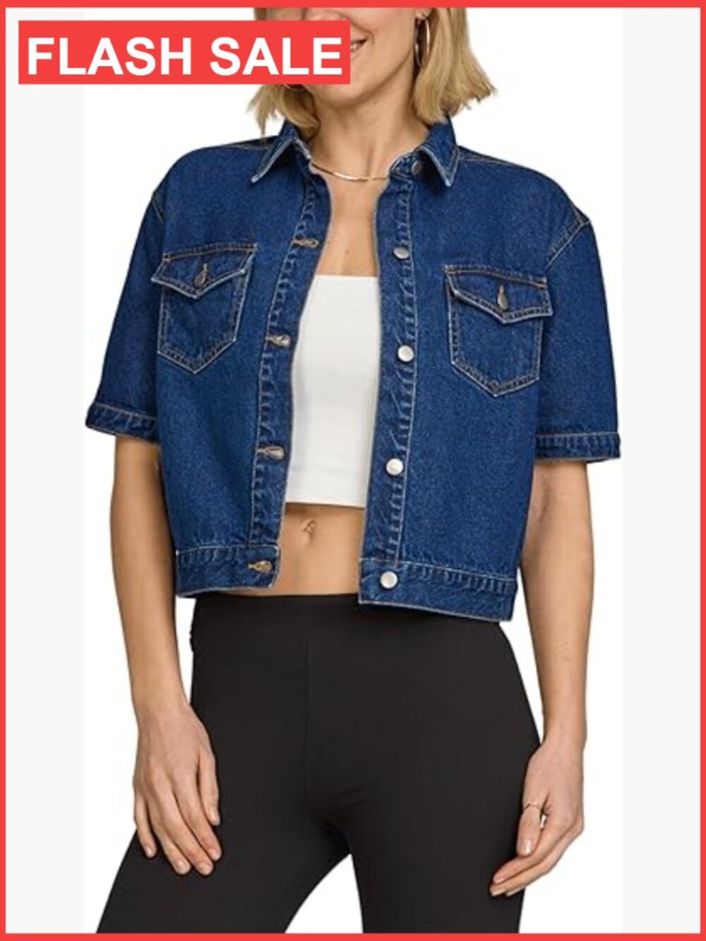 Cropped Denim Jacket Short Sleeve Summer Jean Jacket w/ Pockets